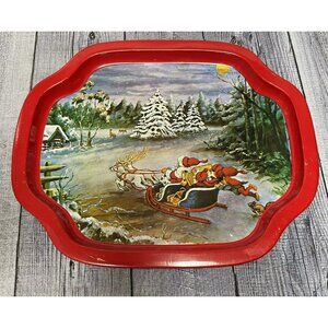 Vintage Christmas Small Metal Tray With Santa Sleigh Scene